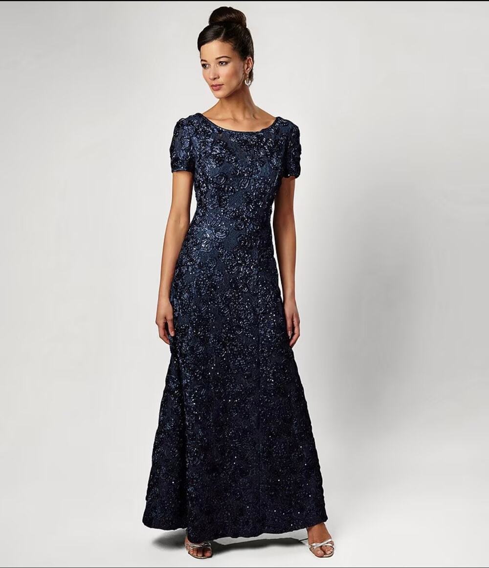 Alex Evenings Navy Sequin Floral Lace Gown - Size 8 (New)